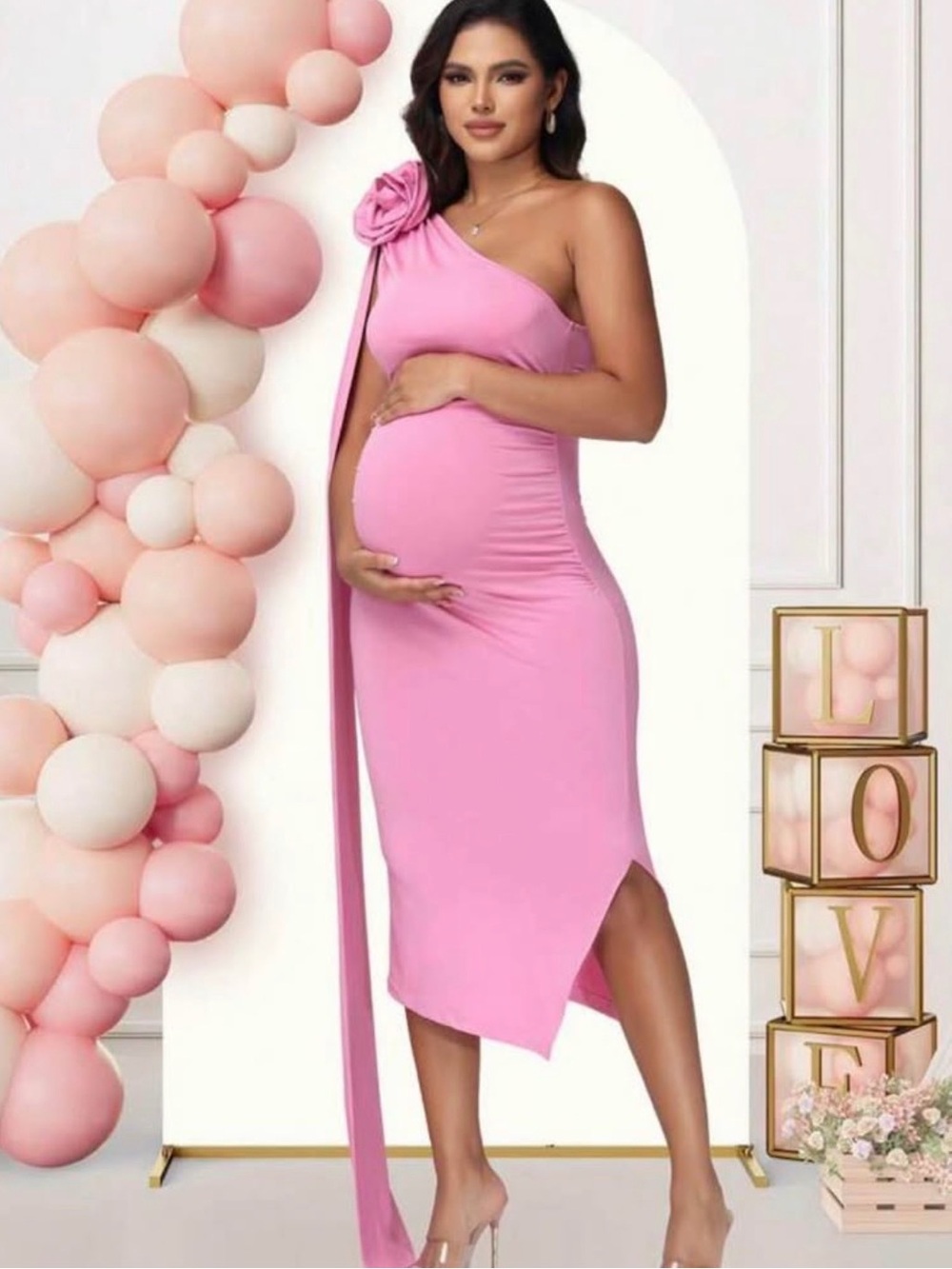 SHEIN Pink One-Shoulder Rosette Maternity Midi Dress